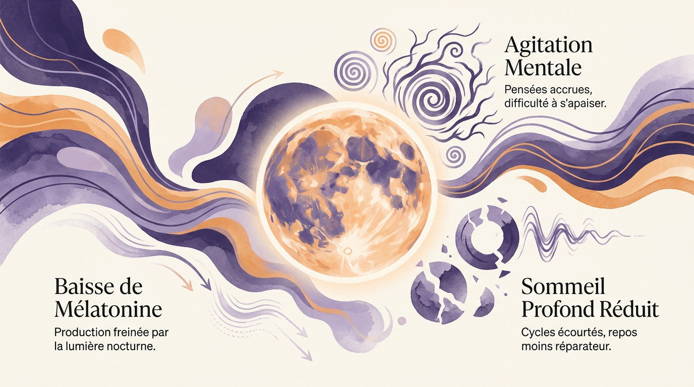 Représentation de l'influence de la pleine lune sur le sommeil et l'équilibre hormonal